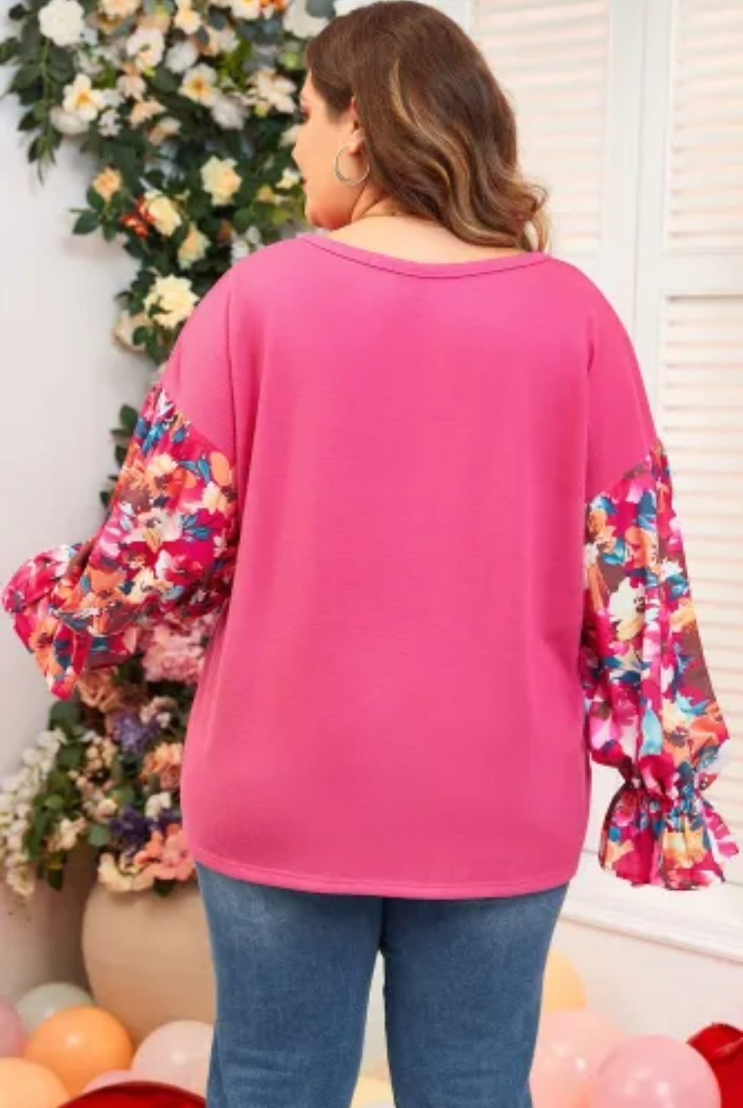 Bright Pink Floral Patchwork Flounce Sleeve Rib Knit Plus Top