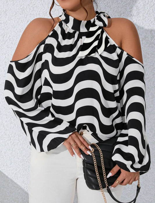 White and black striped cold shoulder