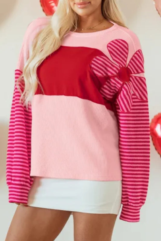 Pink Floral Patch Color Block Striped Sleeve Textured Top