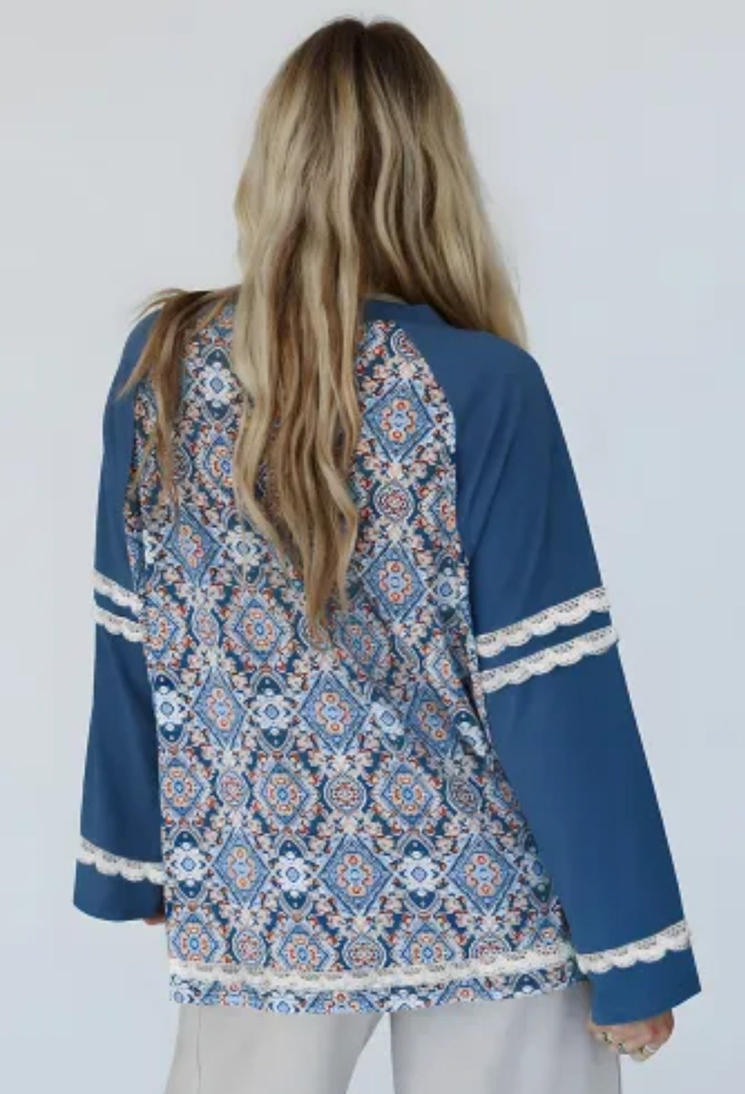 Blue Geometric Printed Lace Patchwork Ric Rac Raglan Long Sleeve Top