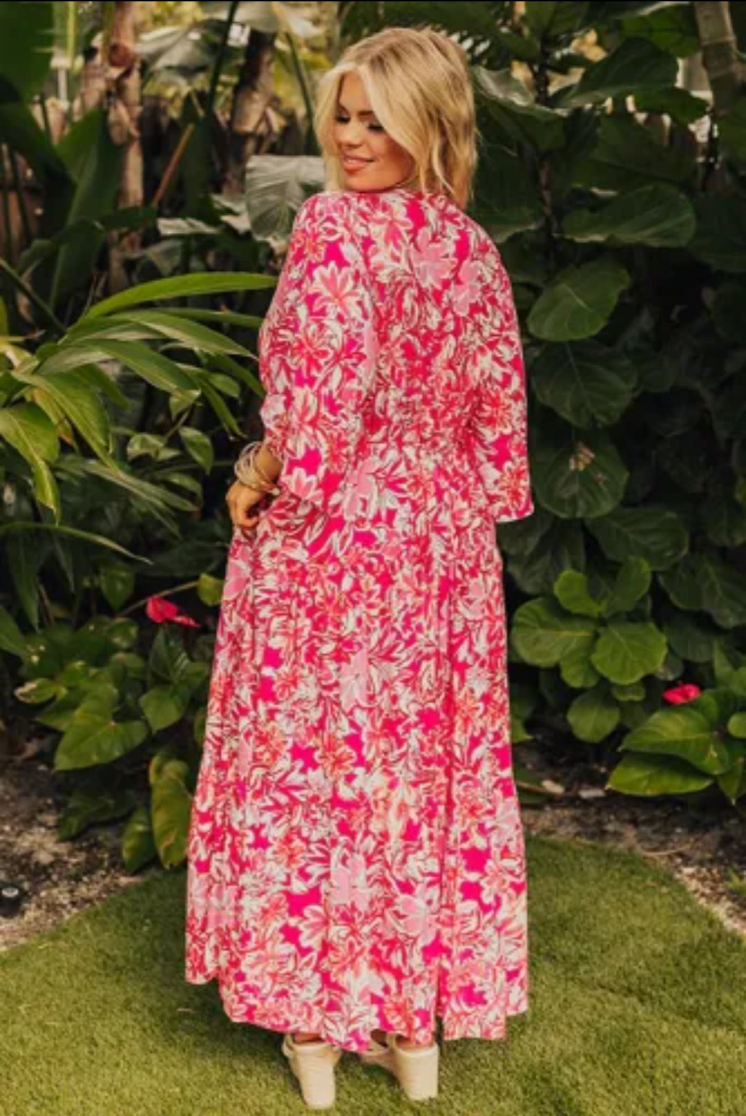 Rose Plus Size Floral V Neck Wide Sleeve Maxi Dress